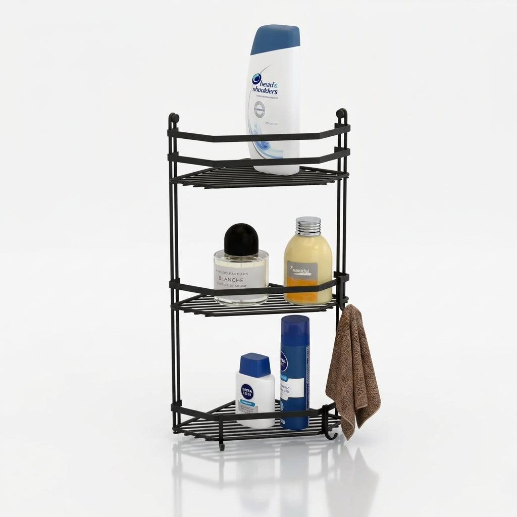 Black Corner Bathroom Shelf with 3-Tier Storage