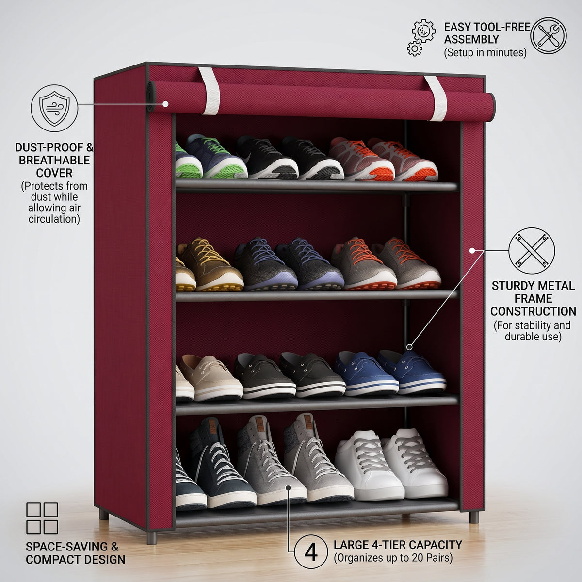 Foldable 4-Tier Shoe Rack with Dust Cover