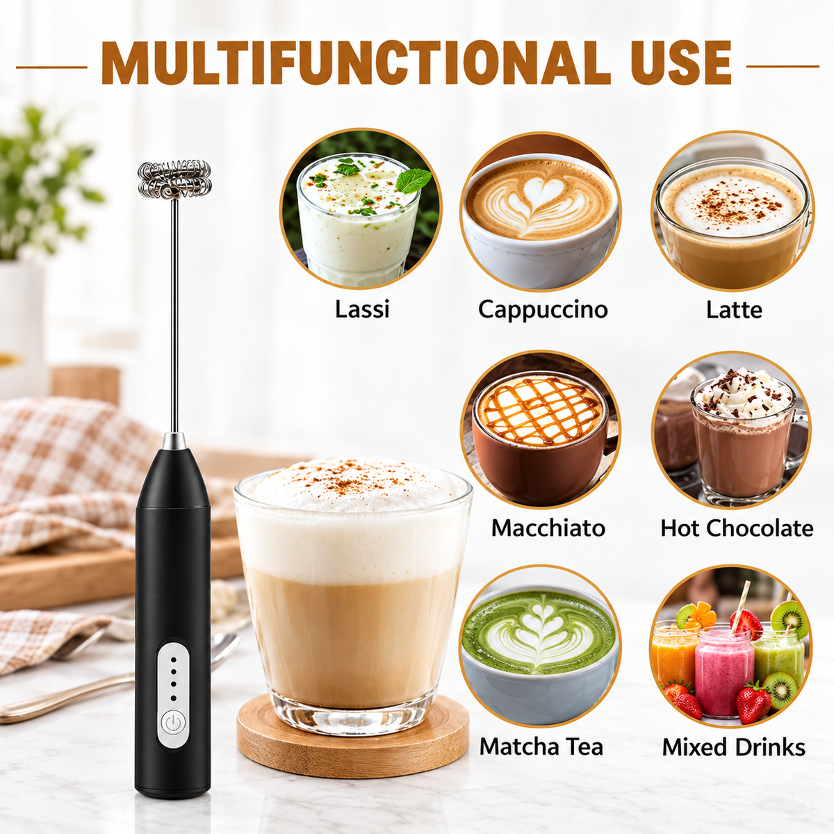 2-in-1 Electric Milk Frother & Coffee Beater – Handheld Cordless Coffee Foamer & Egg Whisk, Mini Coffee Mixer for Latte, Matcha & Hot Chocolate
