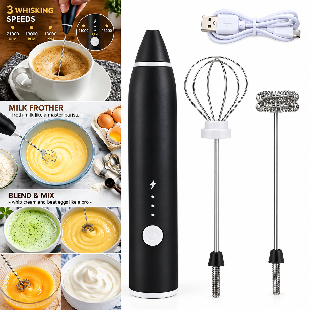 2-in-1 Electric Milk Frother & Coffee Beater – Handheld Cordless Coffee Foamer & Egg Whisk, Mini Coffee Mixer for Latte, Matcha & Hot Chocolate
