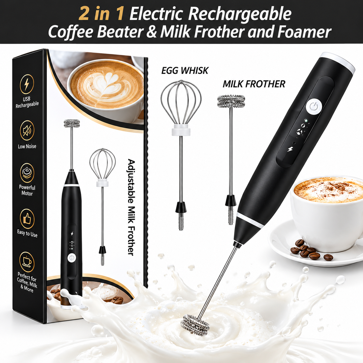 2-in-1 Electric Milk Frother & Coffee Beater – Handheld Cordless Coffee Foamer & Egg Whisk, Mini Coffee Mixer for Latte, Matcha & Hot Chocolate
