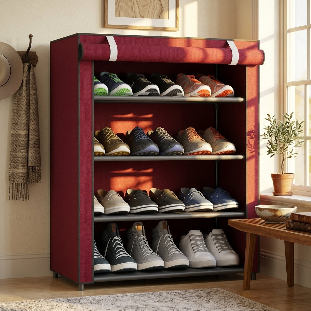 Foldable 4-Tier Shoe Rack with Dust Cover