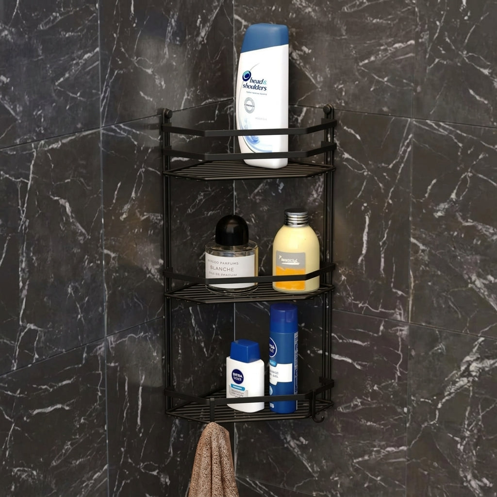 Black Corner Bathroom Shelf with 3-Tier Storage