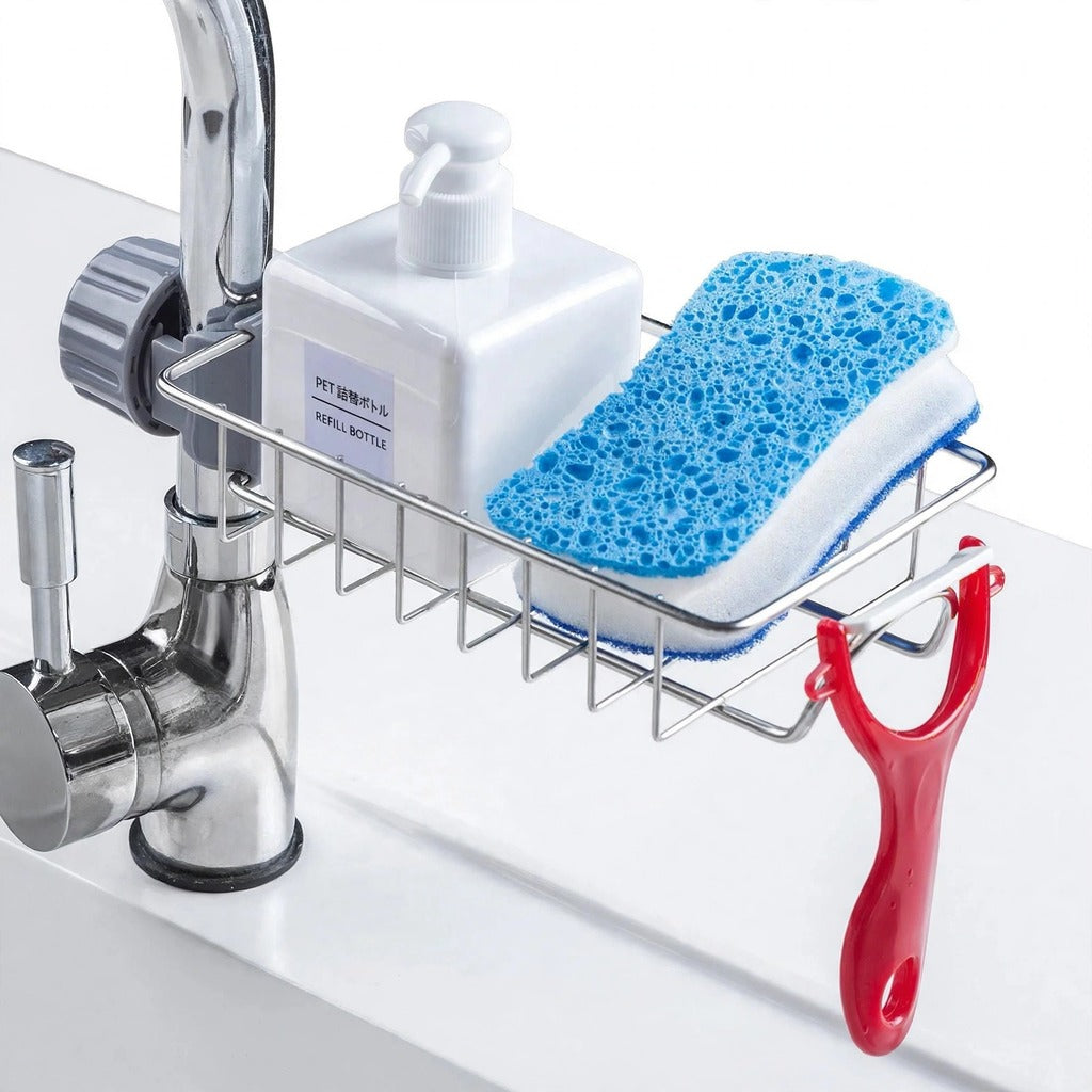 Stainless Steel Sink Faucet Organizer – Kitchen Sponge Holder & Soap Rack