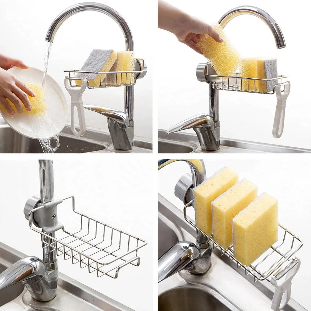Stainless Steel Sink Faucet Organizer – Kitchen Sponge Holder & Soap Rack
