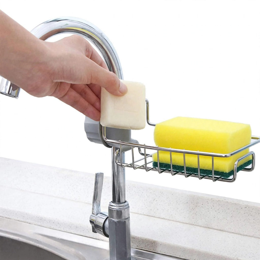 Stainless Steel Sink Faucet Organizer – Kitchen Sponge Holder & Soap Rack