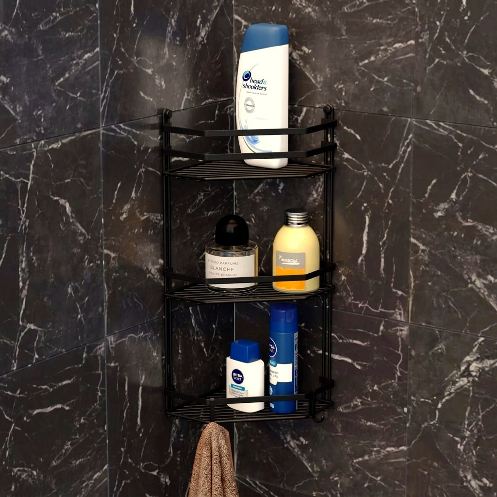 Black Corner Bathroom Shelf with 3-Tier Storage