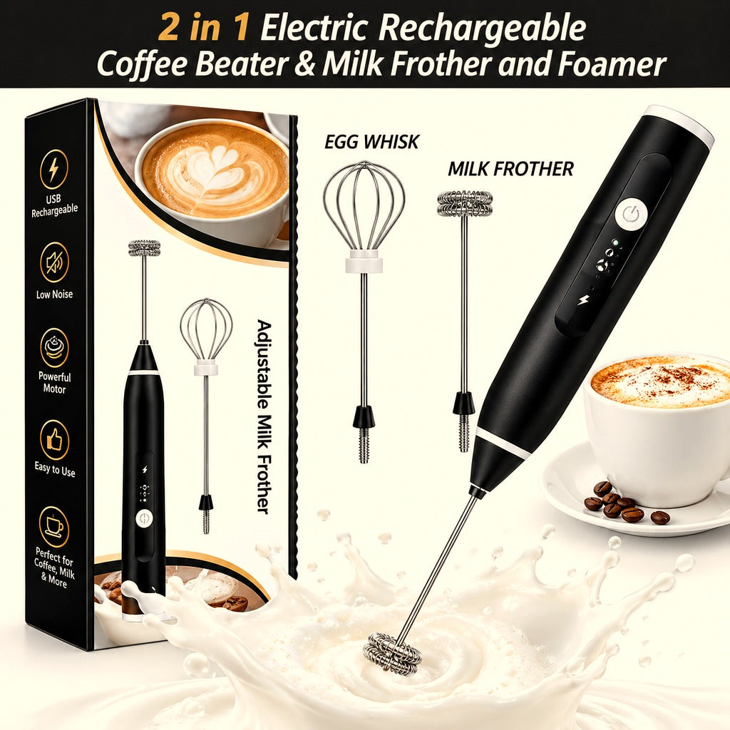 2-in-1 Electric Milk Frother & Coffee Beater – Handheld Cordless Coffee Foamer & Egg Whisk, Mini Coffee Mixer for Latte, Matcha & Hot Chocolate