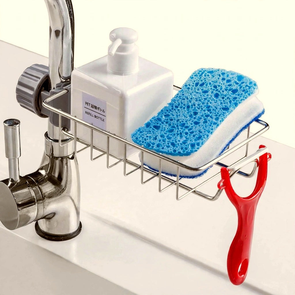 Stainless Steel Sink Faucet Organizer – Kitchen Sponge Holder & Soap Rack