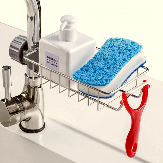 Stainless Steel Sink Faucet Organizer – Kitchen Sponge Holder & Soap Rack
